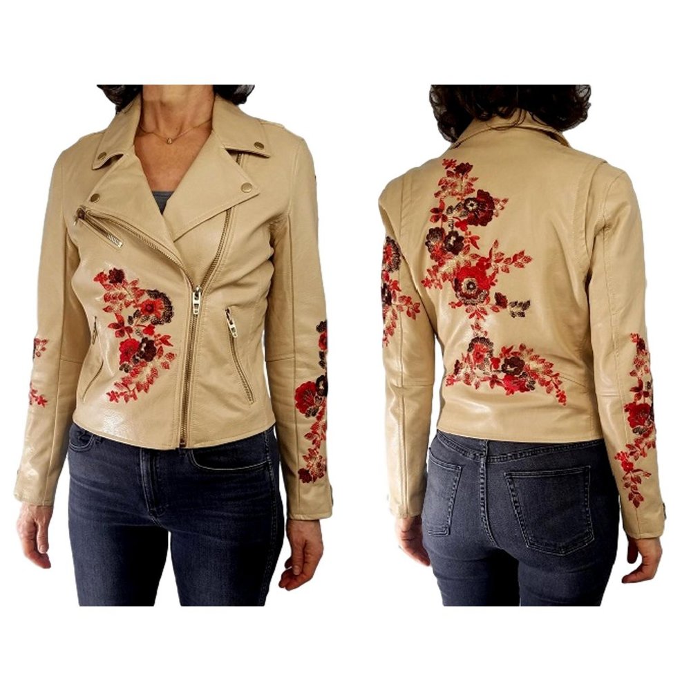 Tan Faux Leather Embroidery Moto Zip Jacket Floral